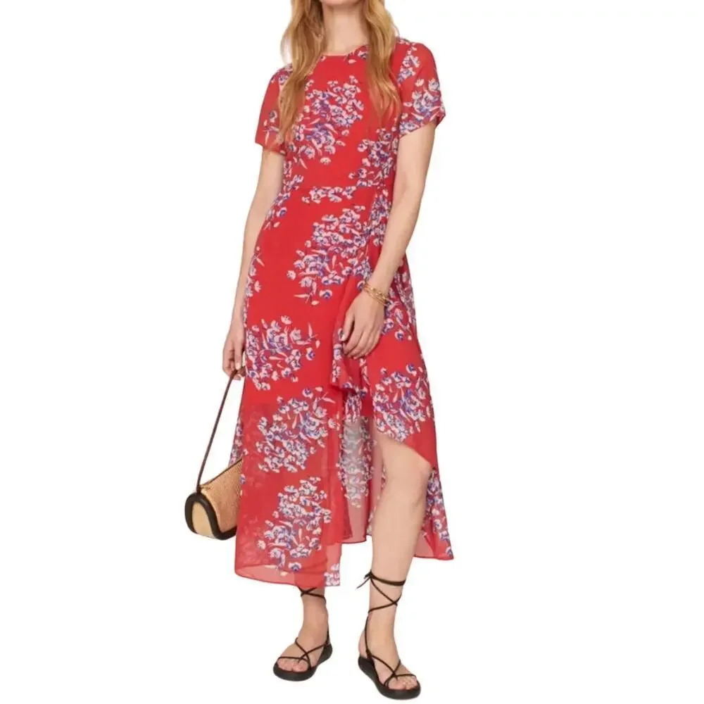 Saunders Collective Women's Size 0 Chiffon Red Floral Midi Dress